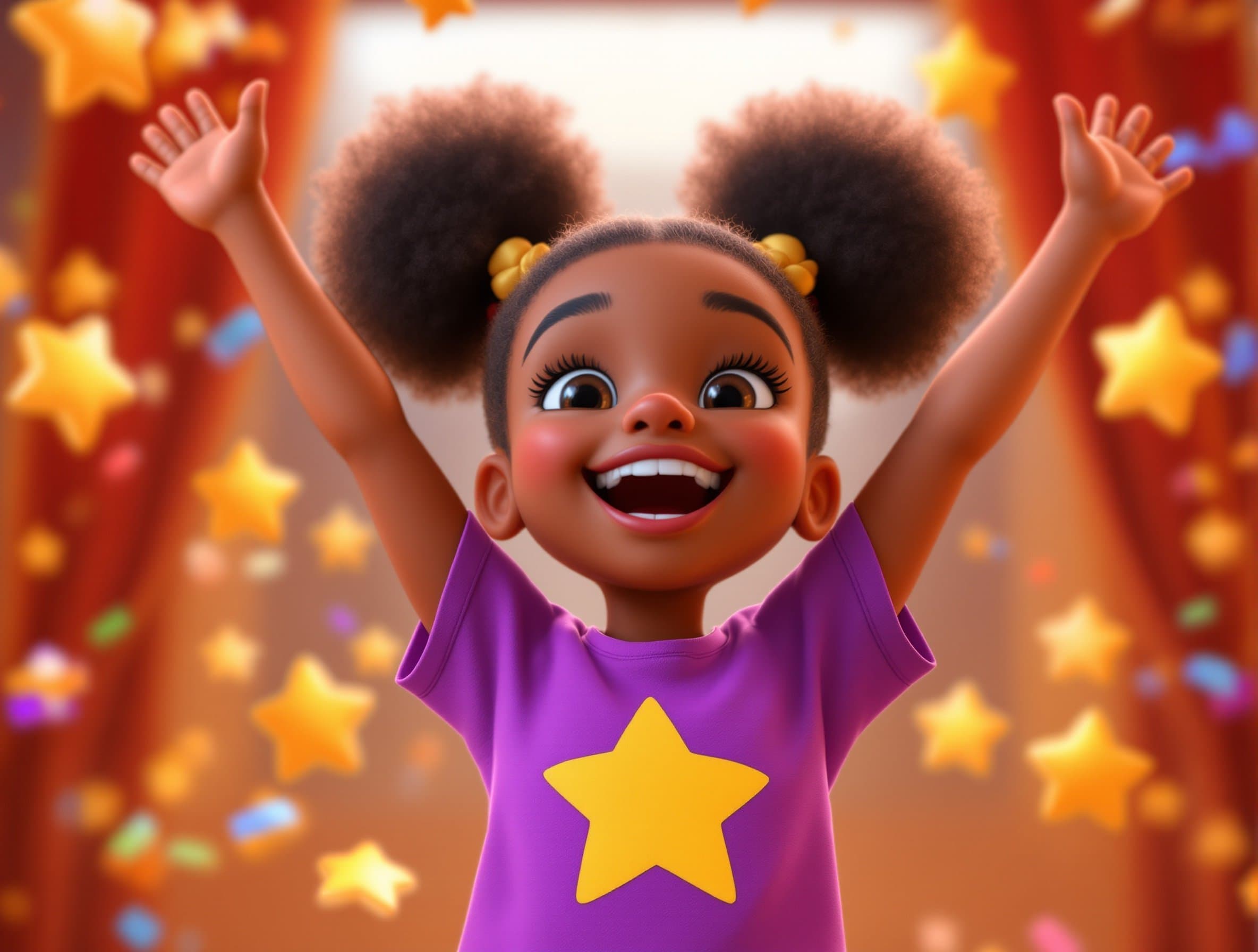 A happy illustrated girl with afro puffs throwing her arms up in celebration
