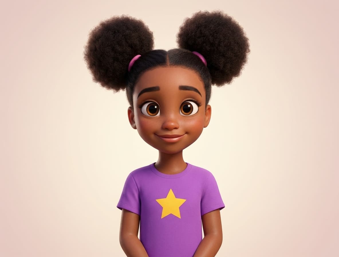 A friendly illustrated girl character with afro puffs and a star t-shirt