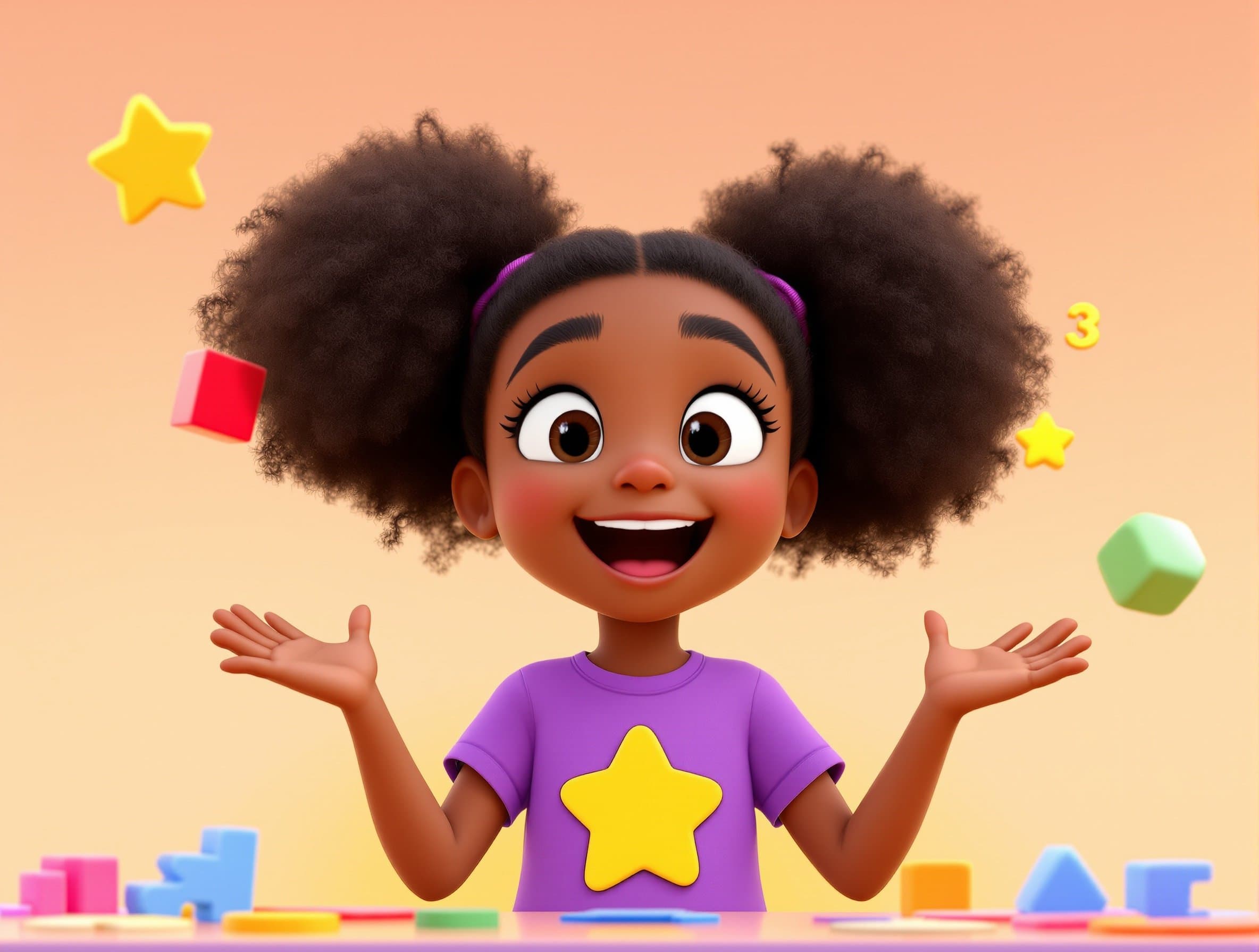 A cheerful young girl surrounded by letters, numbers and blocks