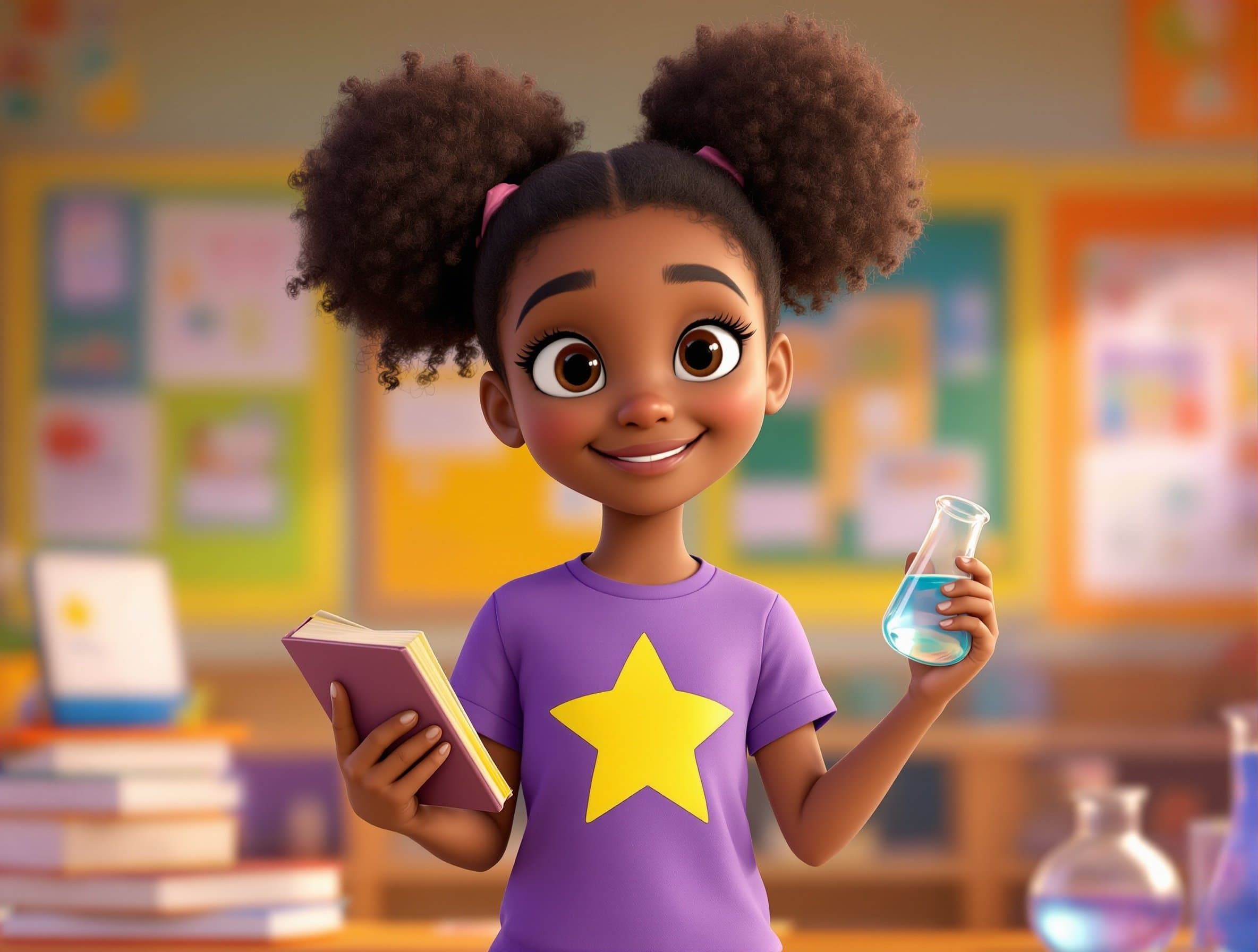 A young girl holding a book and a science flask in a classroom