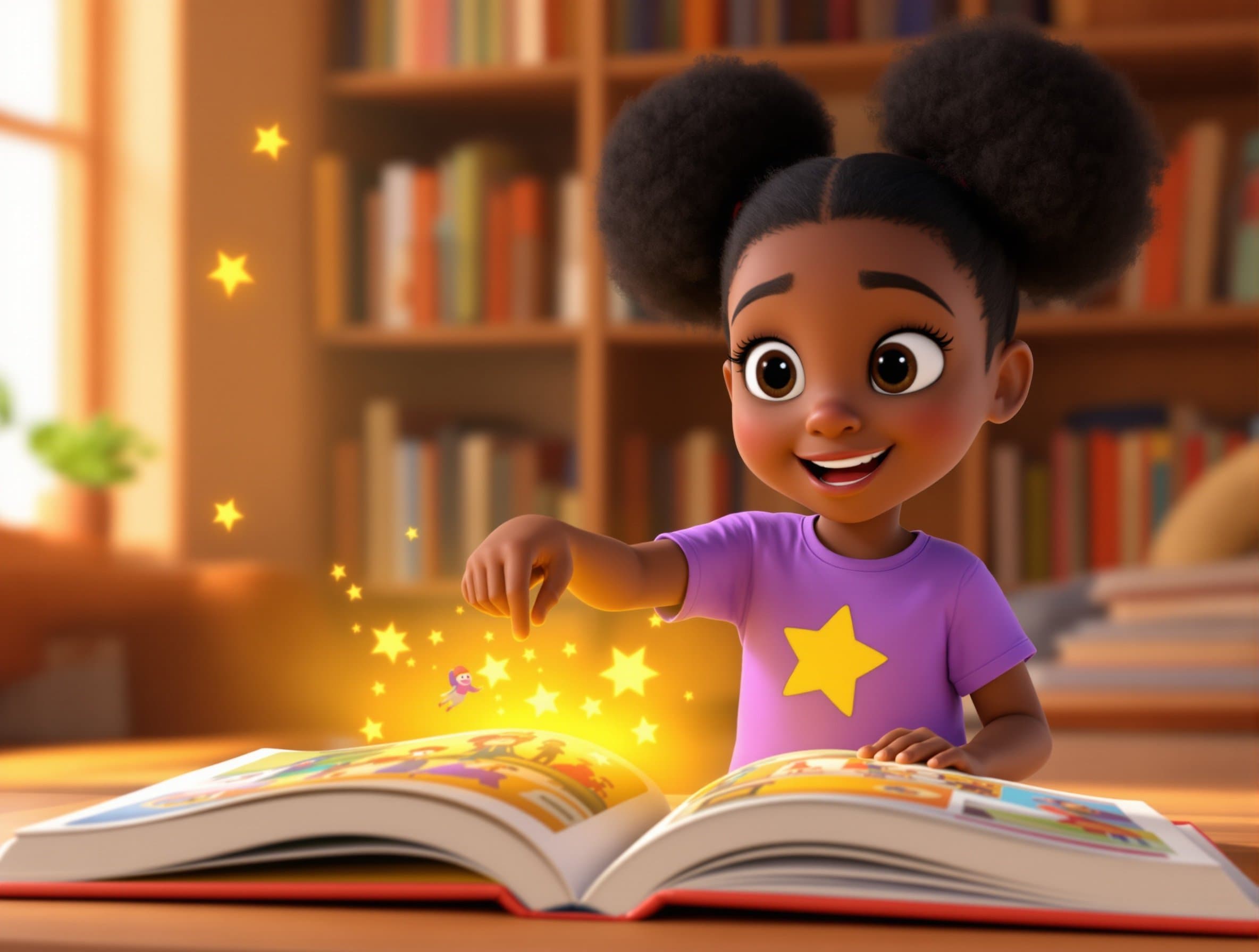 A young girl reading a glowing picture book in a library