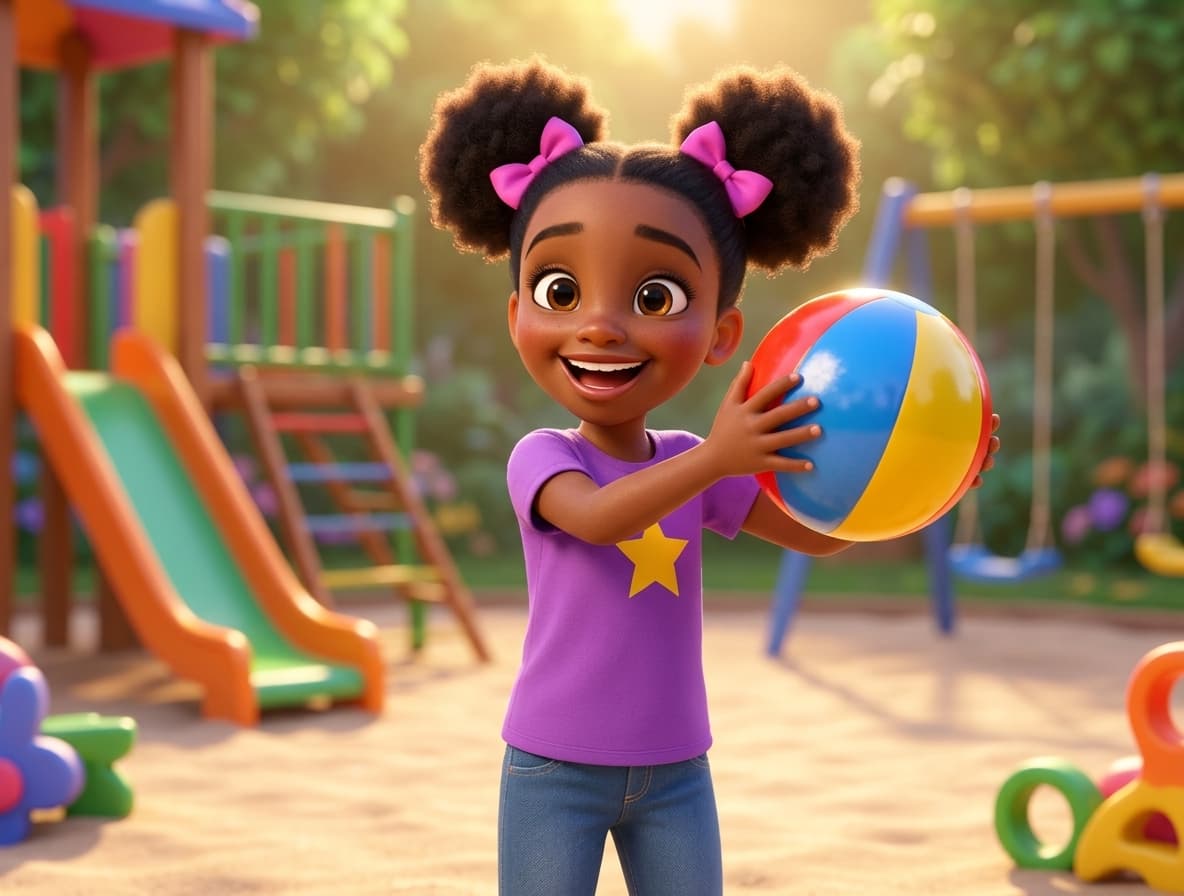 An illustrated girl with pink bows holding a colorful ball on a playground