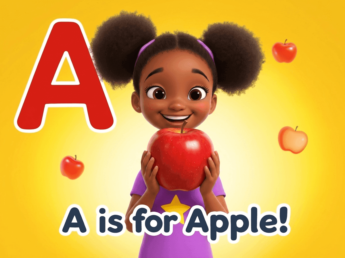 A young girl holding a red apple beside a large letter A