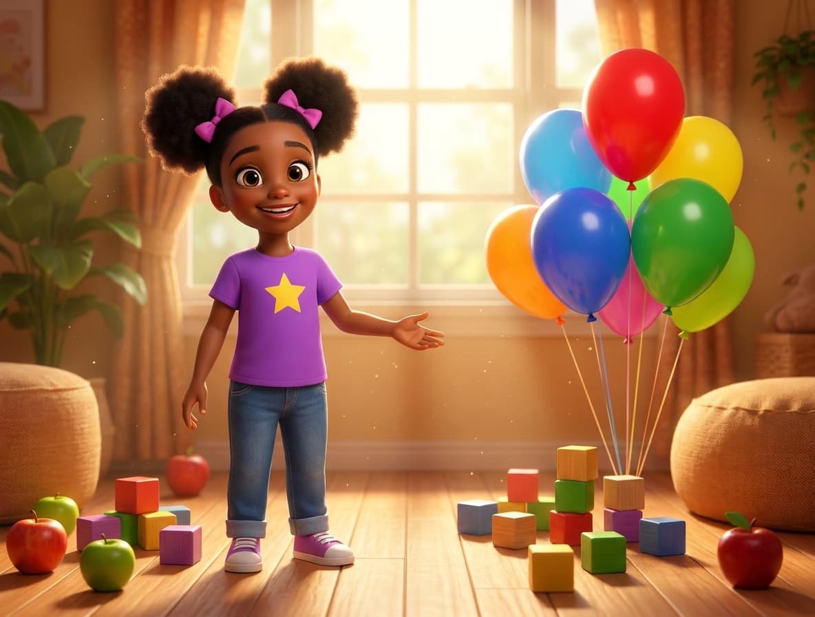 A young girl counting colorful blocks and balloons in a sunny room