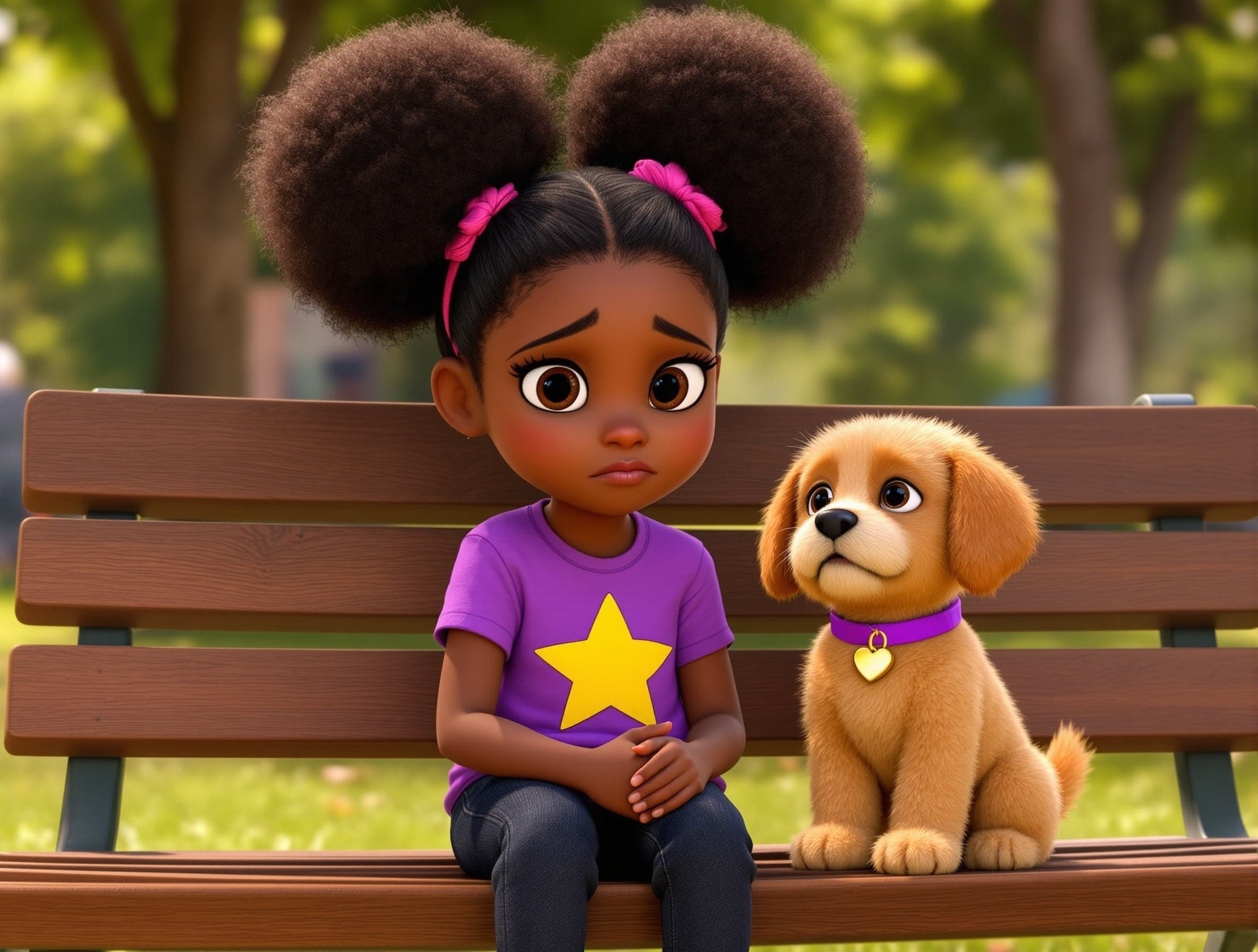 A worried illustrated girl sitting on a park bench beside her small golden dog