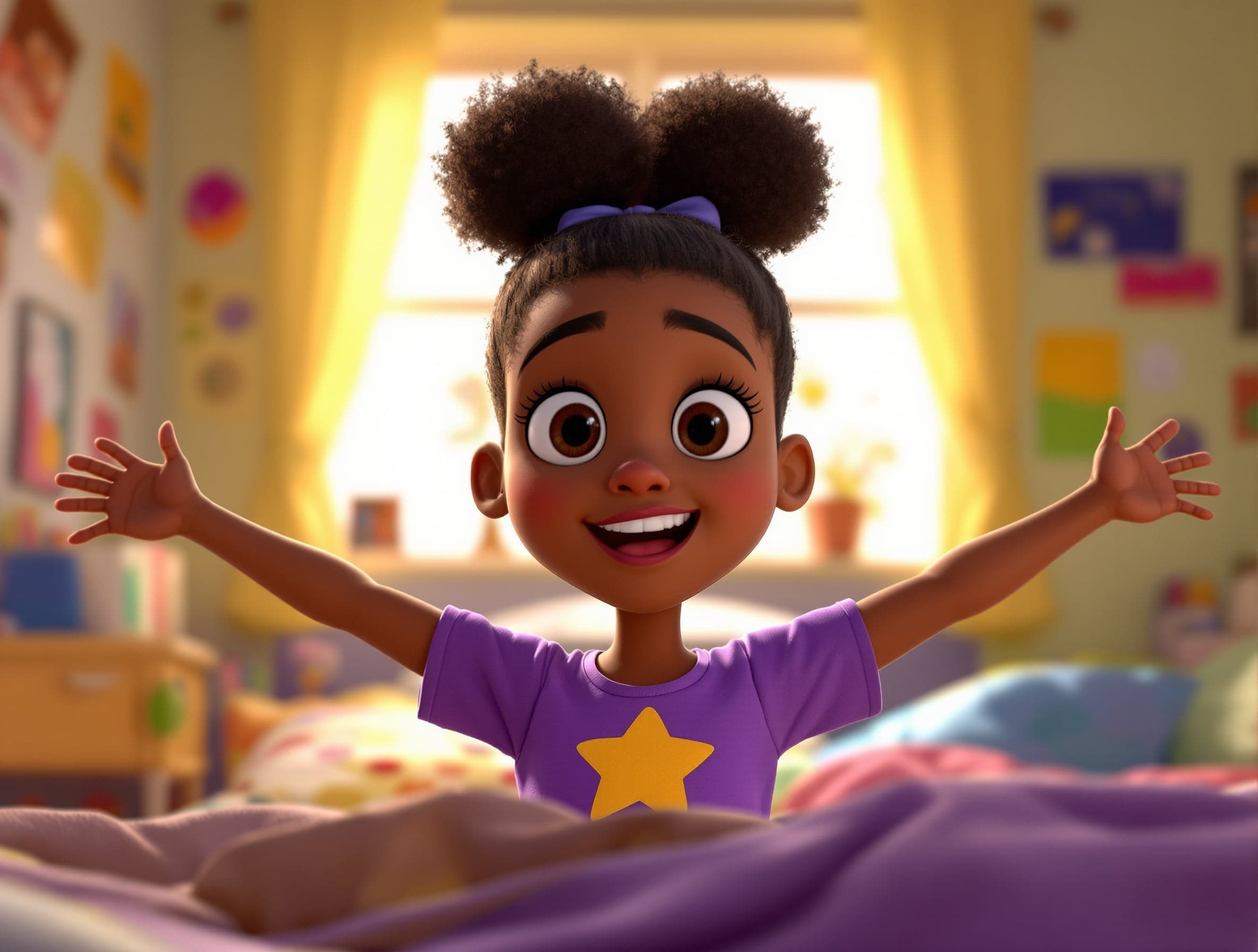 A young girl waking up with her arms thrown wide open
