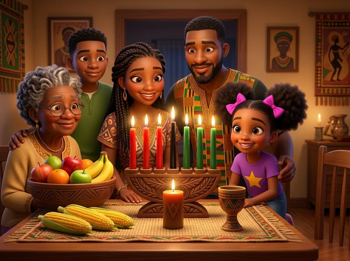 A family celebrating Kwanzaa, illustrated for children